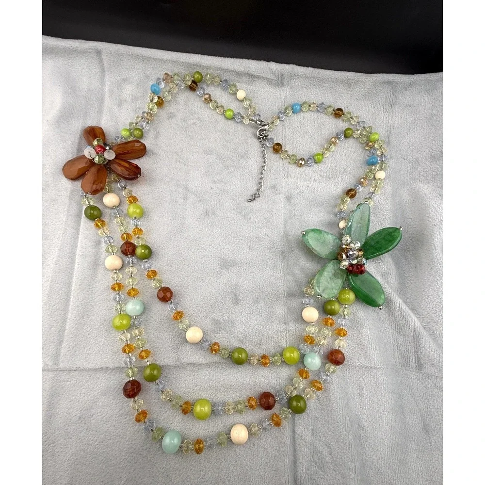 Statement Floral Necklace Green Red Stones Rhinestone ‎ Spring Summer 36